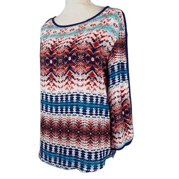 Renee C Boho Aztec Printed Multicolor Tunic Blouse Blue Piping Flowy Size Medium - Picture 1 of 9